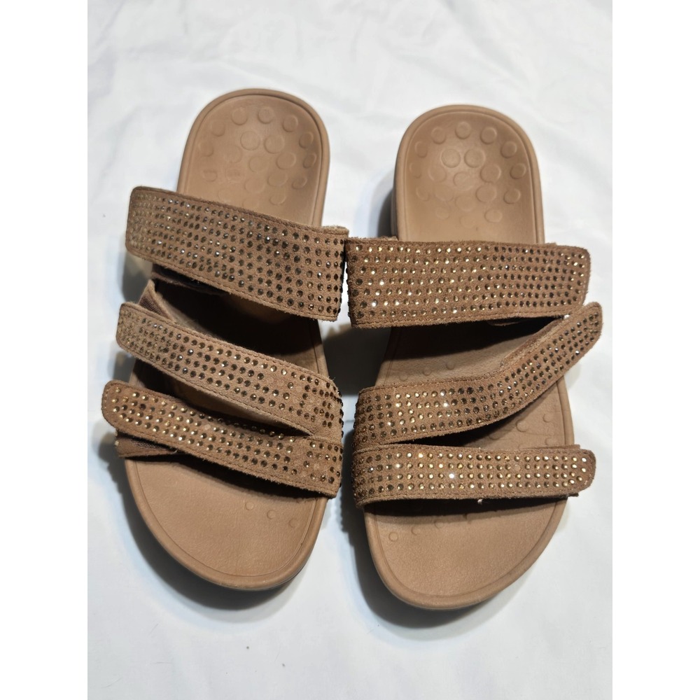 Vionic Womens Slide Sandals Tan Rhinestone Orthotic Triple Strap Casual Glam 6